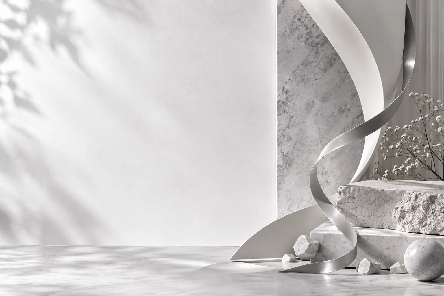 Composition éditoriale blanc perlé, ruban sculptural et pierre claire